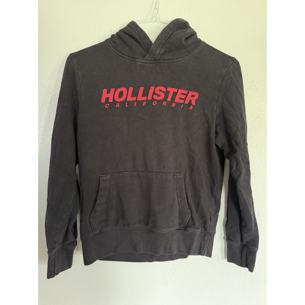 Hollister California Mens Graphic Pullover Hoodie Black Red Logo XS